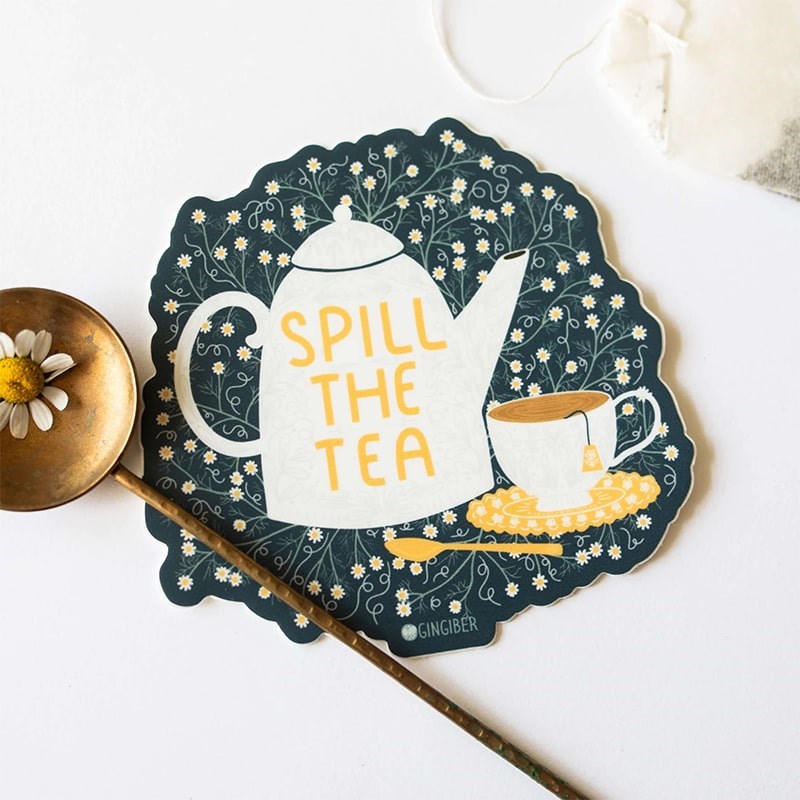 Gingiber Spill the Tea Sticker - product shown next to tea bag