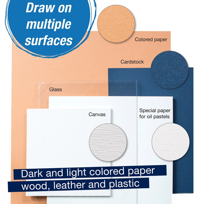 Faber-Castell Artist&#39;s Oil Pastels Set - chart showing various surfaces products work on