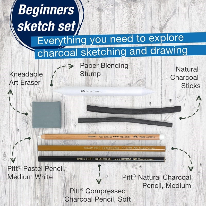 Faber-Castell Charcoal Sketch Set - info graphic showing product details and contents