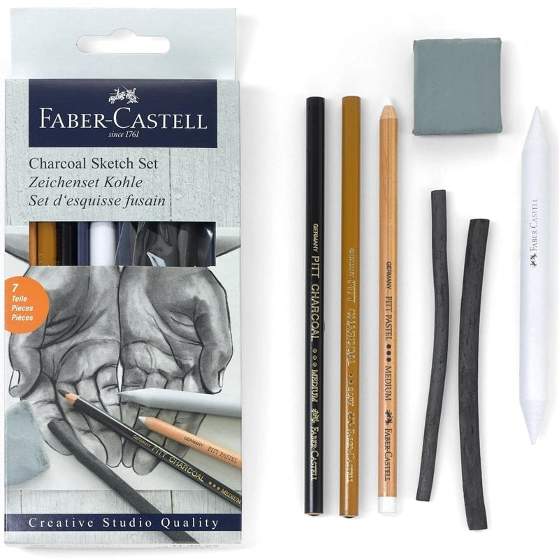 Faber-Castell Charcoal Sketch Set - product contents laid out next to packaging