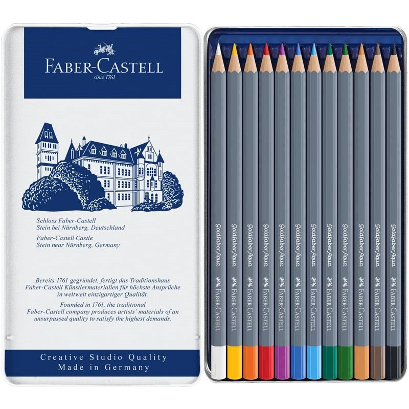 Faber-Castell Goldfaber Aqua Watercolor Pencils - products shown inside tin tray and back of packaging