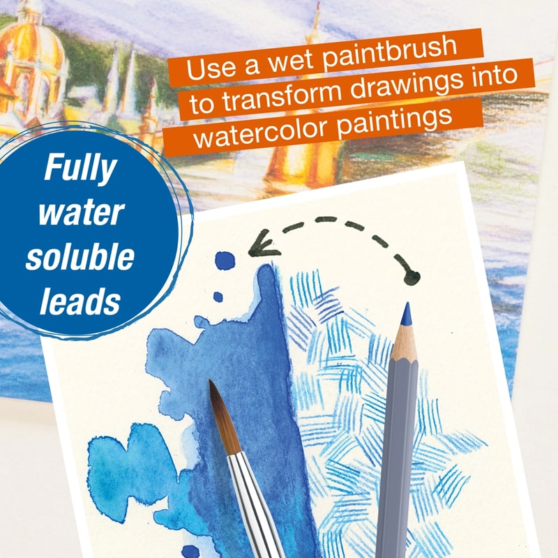 Faber-Castell Goldfaber Aqua Watercolor Pencils - info graphic showing product details