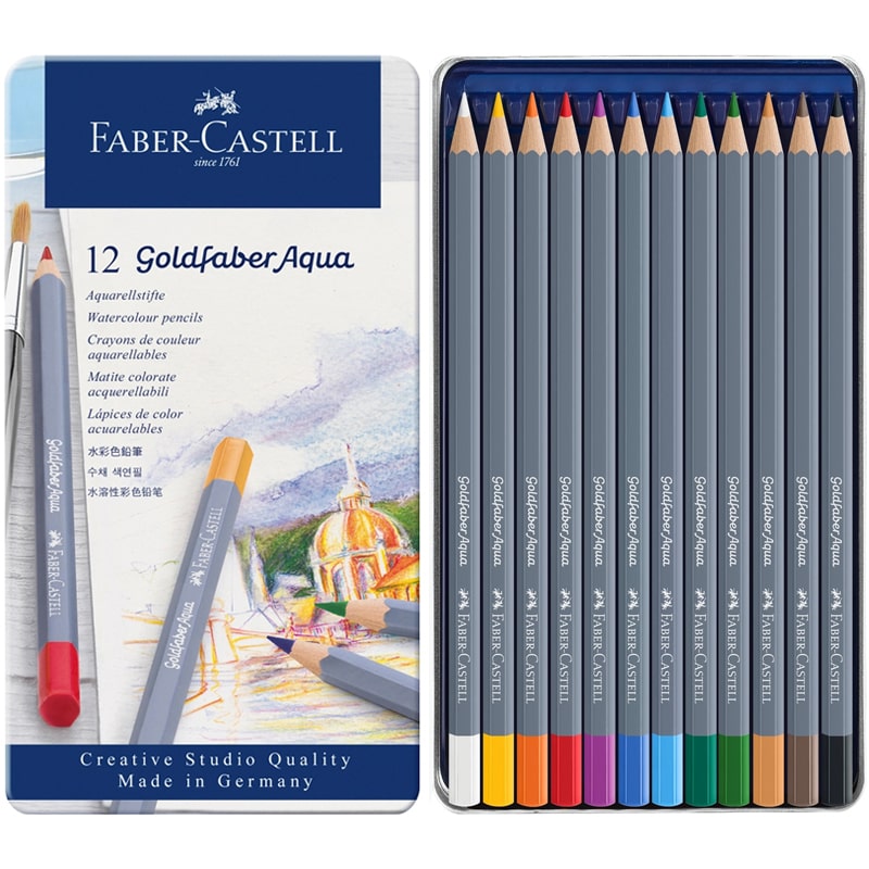 Faber-Castell Goldfaber Aqua Watercolor Pencils (12 pcs) showing cover of case and pencils