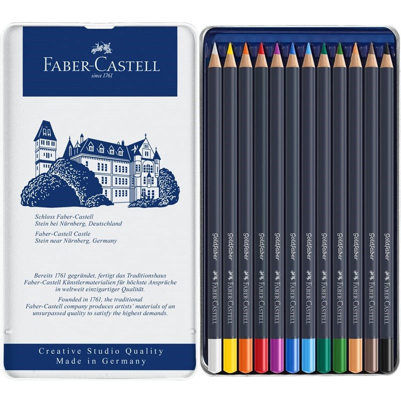 Faber-Castell Goldfaber Color Pencils - open metal tin showing products next to back side of packaging