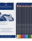 Faber-Castell Goldfaber Color Pencils - open metal tin showing products next to back side of packaging