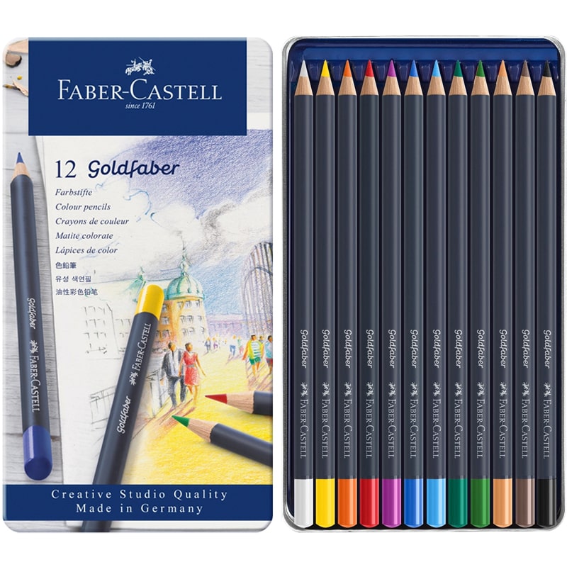 Faber-Castell Goldfaber Color Pencils (12 pcs) showing outside of tin and pencils inside