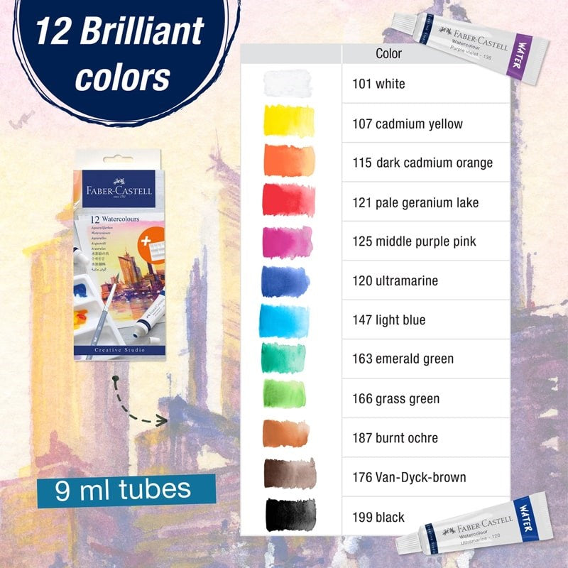 Faber-Castell Watercolor Paint Set - info graphic showing color swatch detail and names