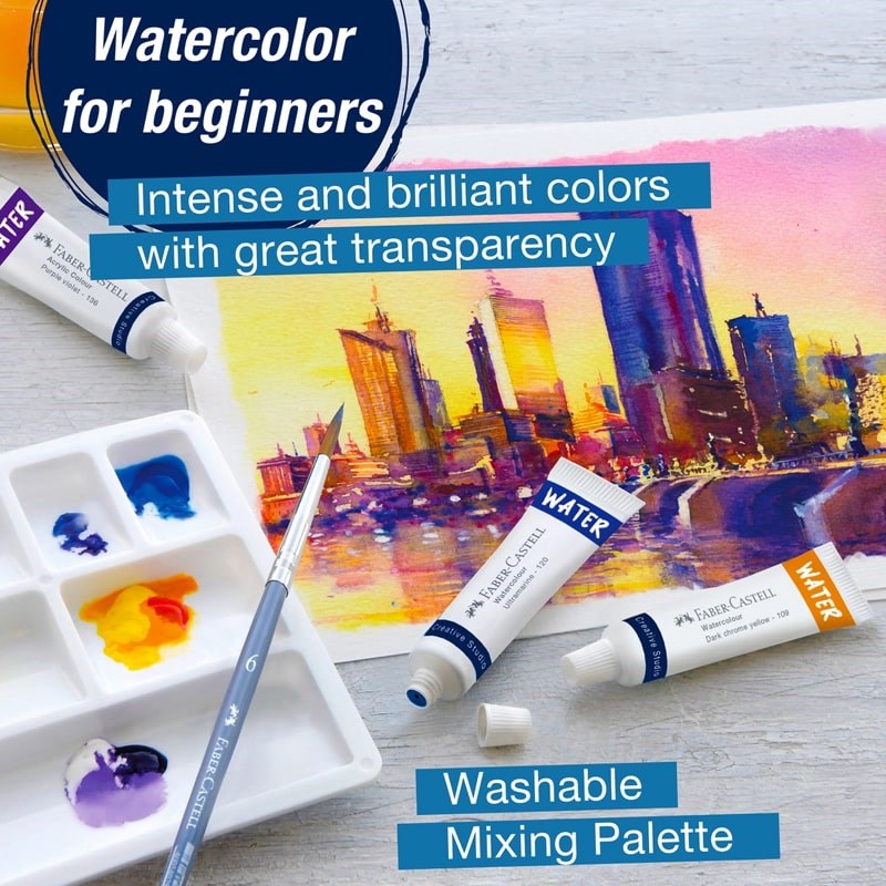 Faber-Castell Watercolor Paint Set - info graphic showing product details and product information 