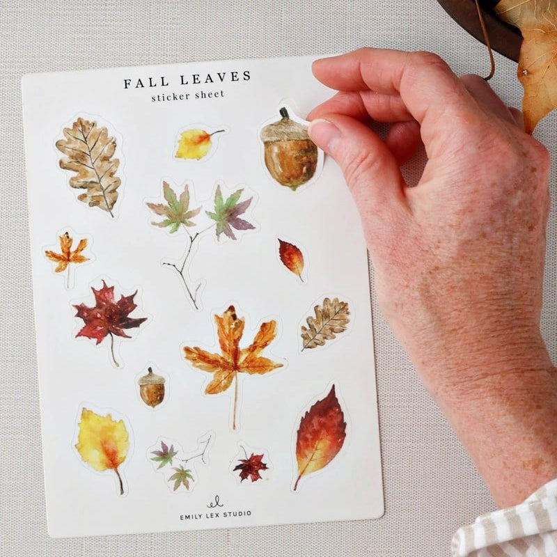 Emily Lex Studio Autumn Sticker Sheets - model shown holding product with leaf