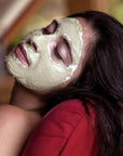 La Selva Positano Prickly Pear and Cyst Face Mask - model shown wearing product on face