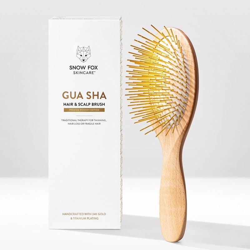 Snow Fox Skincare Gua Sha Hair &amp; Scalp Brush: Premium Wooden Edition - product shown beside packaging