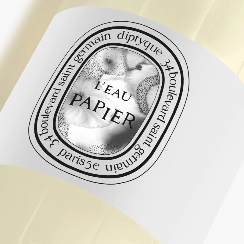 Diptyque L'Eau Papier Cleansing Hand and Body Gel - close up of product label design