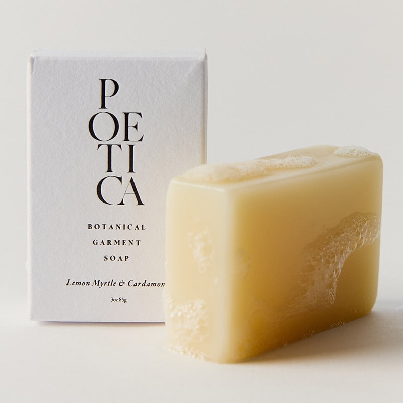 Poetica Lemon Myrtle & Cardamom Botanical Garment Bar Soap (3 oz) - product shown next to packaging