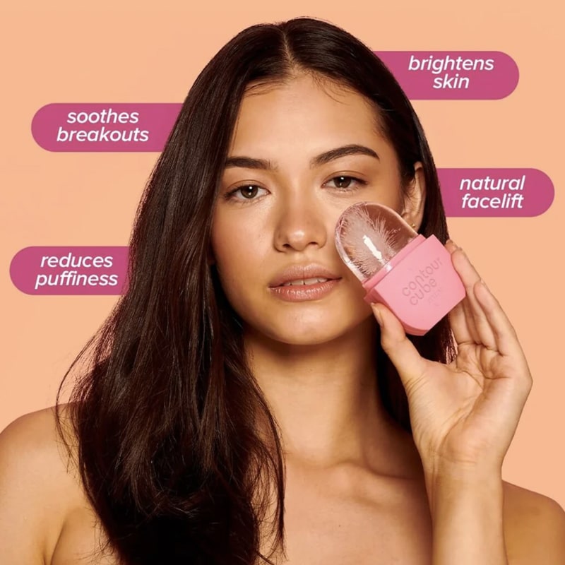 Model shown holding Contour Cube Mini - Pink. Soothes breakouts, reduces puffiness, brightens skin, natural facelift.