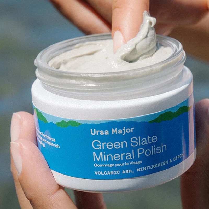 Ursa Major Green Slate Mineral Polish - model shown holding product and on finger