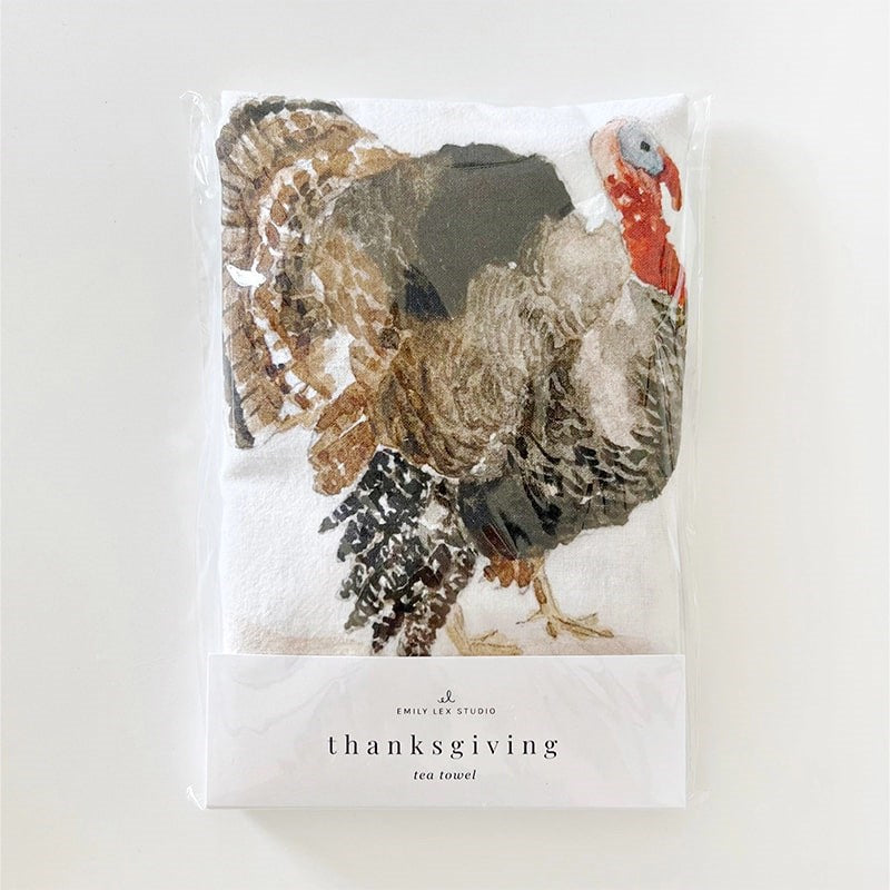 Emily Lex Studio Thanksgiving Tea Towel - product shown in packaging