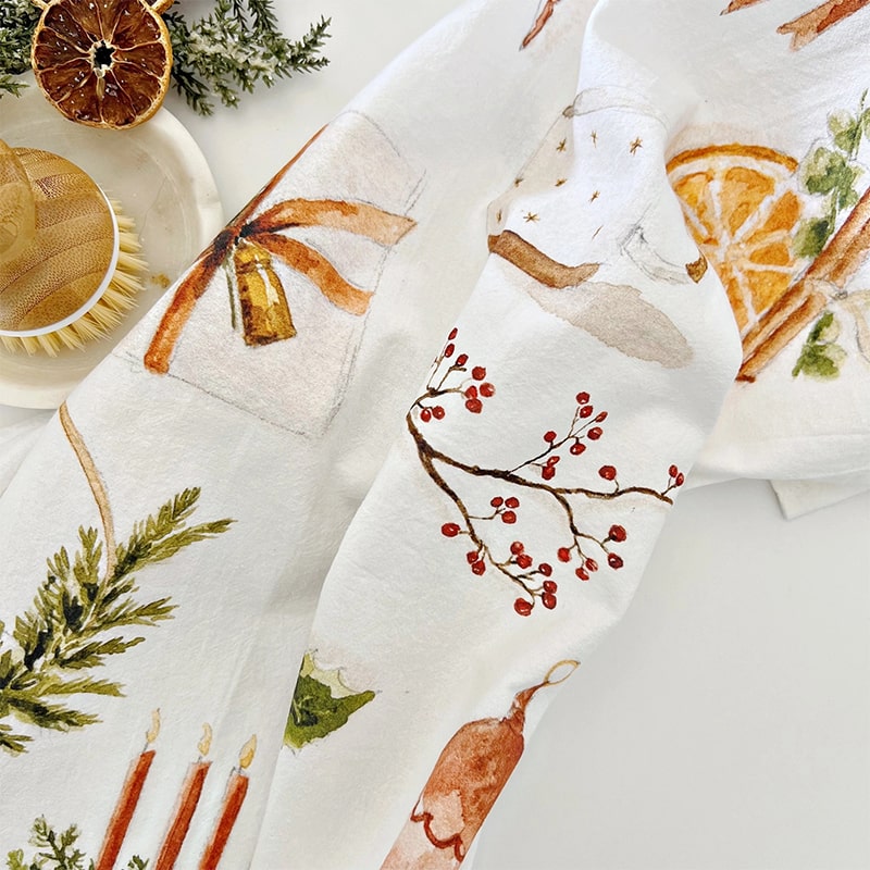 Emily Lex Studio Yuletide Tea Towel - close up of product pattern illustrations