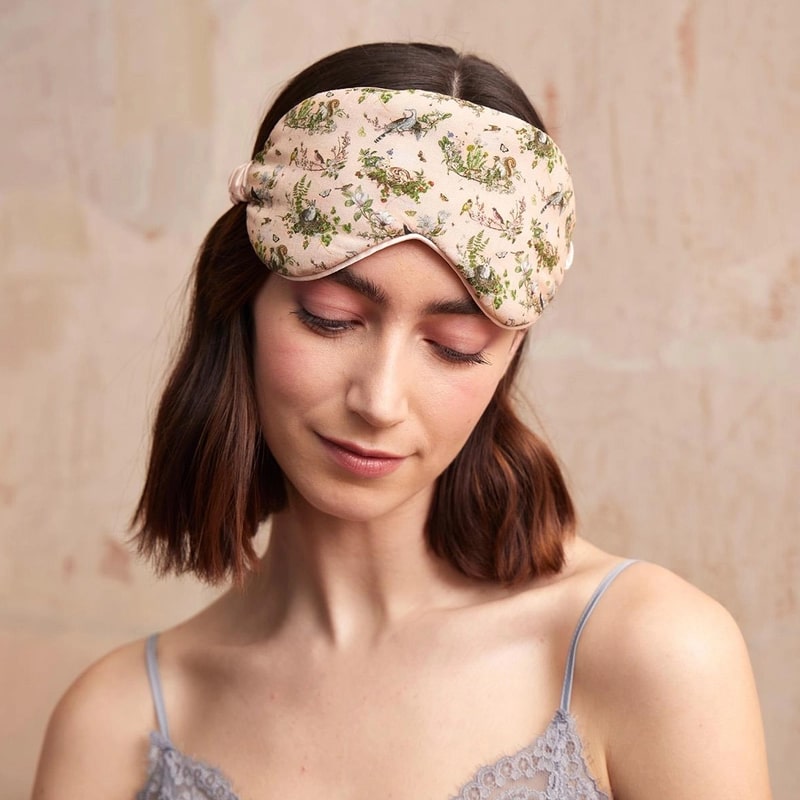 Fable England Morning Song Sleep Mask - model shown wearing product on top of head