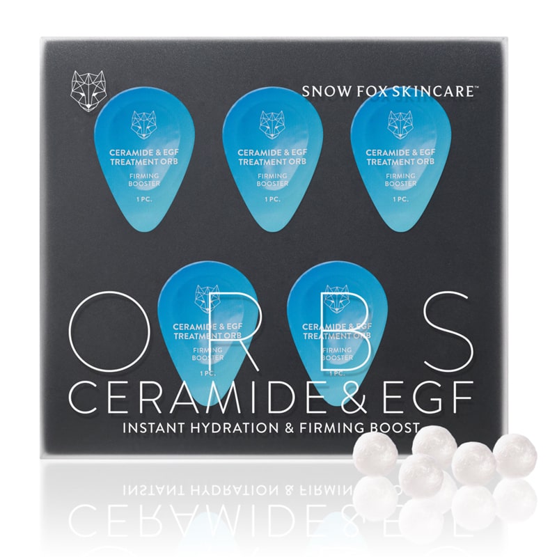 Snow Fox Skincare Ceramide & EGF Treatment Orb - showing box and 5 orbs outside of packaging