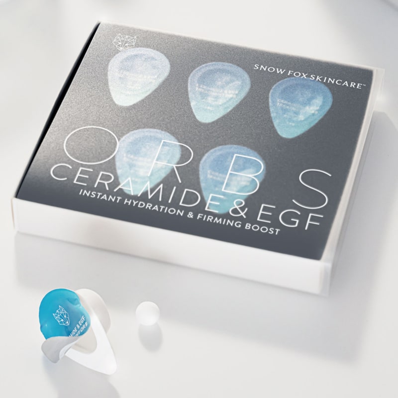 Snow Fox Skincare Ceramide & EGF Treatment Orb - showing box and 1 orb single packaging open, and single orb outside of packaging