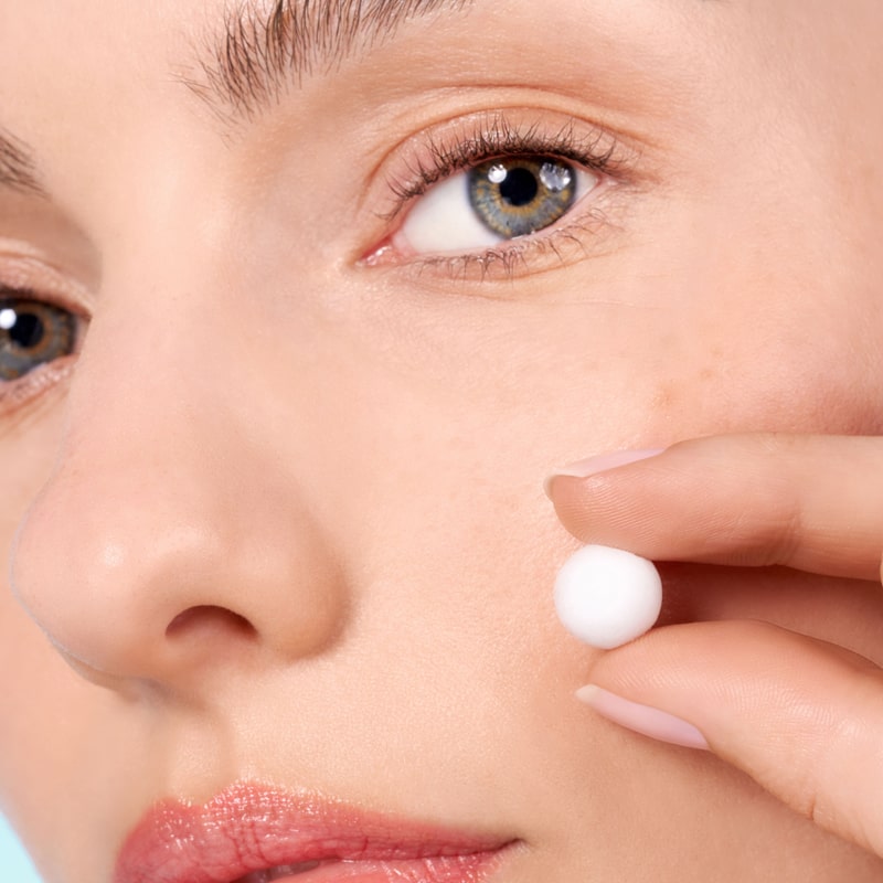 Close up of model shown holding Snow Fox Skincare Ceramide &amp; EGF Treatment Orb (1 pc)