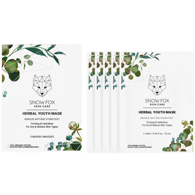 Snow Fox Skincare Herbal Youth Mask- product shown next to individual packages