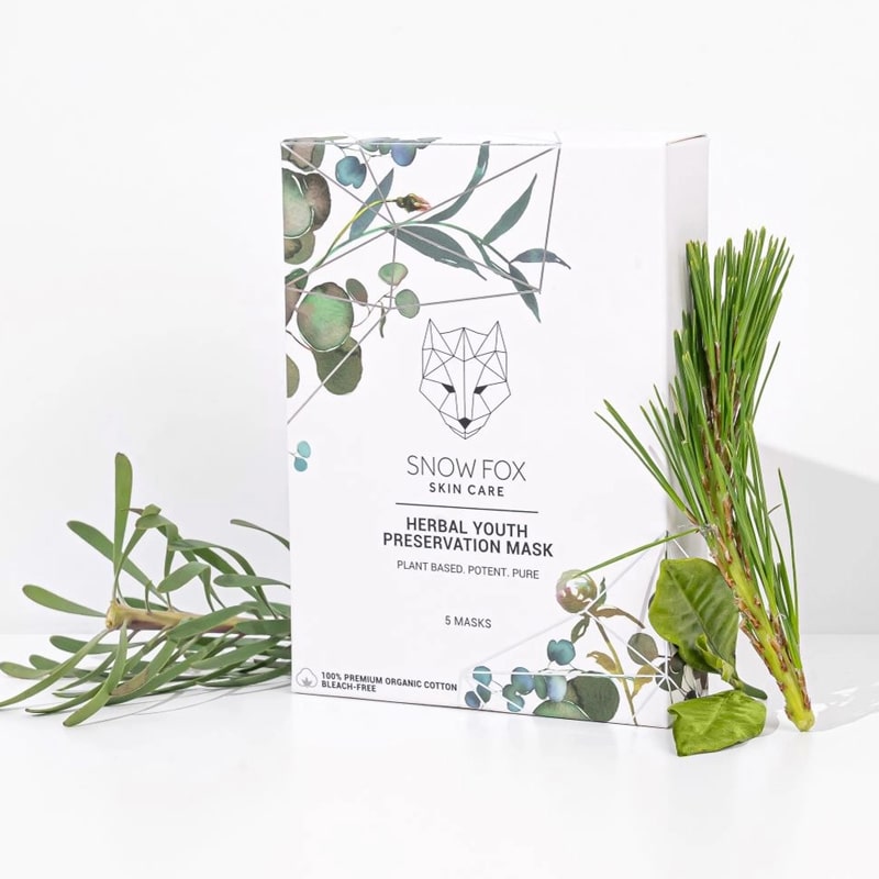 Snow Fox Skincare Herbal Youth Mask - product shown next to product ingredients 