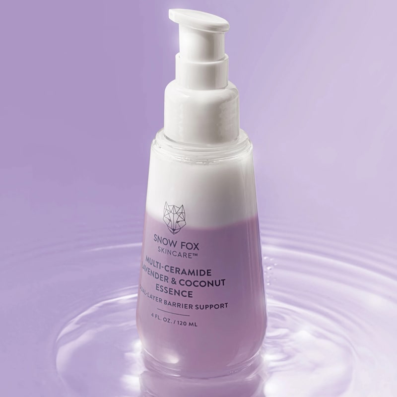 Snow Fox Skincare Multi-Ceramide Lavender & Coconut Essence - product shown on water