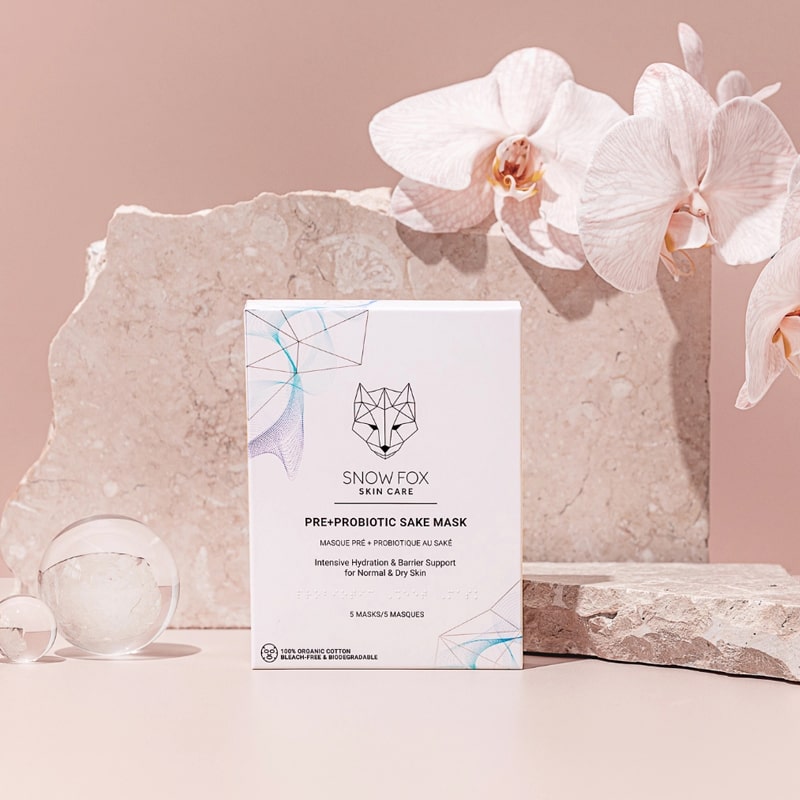 Snow Fox Skincare Pre+Probiotic Sake Mask - product shown next to stones and flowers