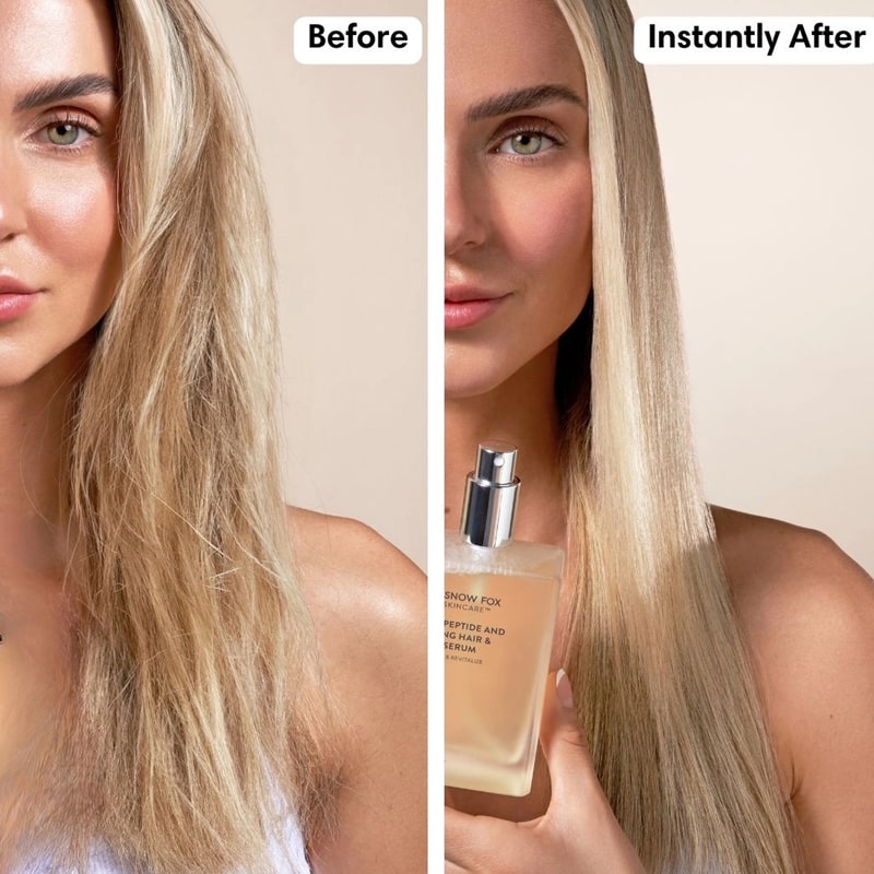 Snow Fox Skincare Tetrapeptide and Ginseng Hair & Scalp Serum - before and after photo of model using product