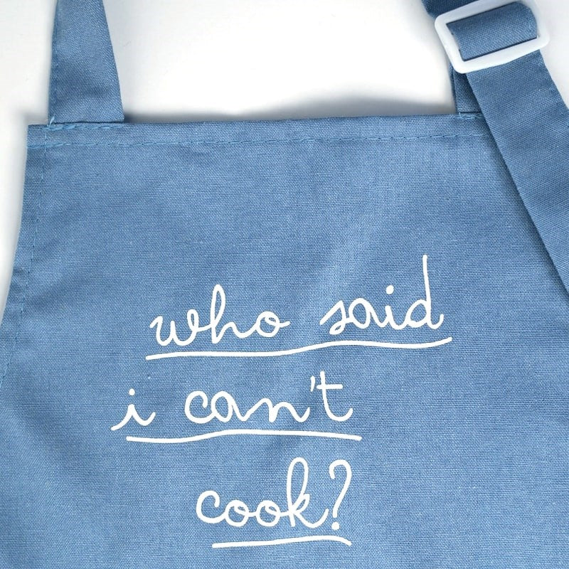 POP Party Supplies Little Chef Embroidered Linen Cooking Apron (close up of embroidered text "who said i can't cook?"