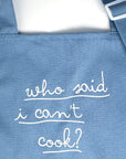 POP Party Supplies Little Chef Embroidered Linen Cooking Apron (close up of embroidered text "who said i can't cook?"