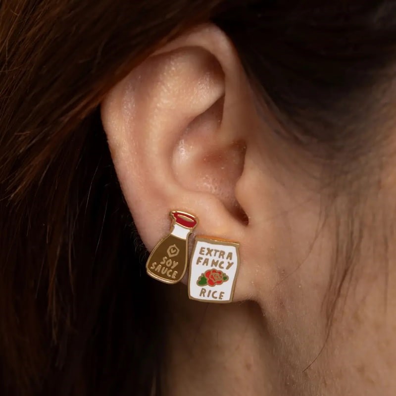 Yellow Owl Workshop Soy Sauce & Rice Earrings - model shown wearing products on ear