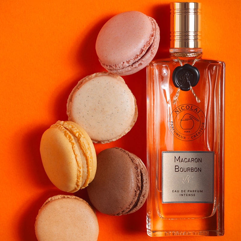 Parfums de Nicolai Macaron Bourbon Intense Eau de Parfum - product shown next to macarons