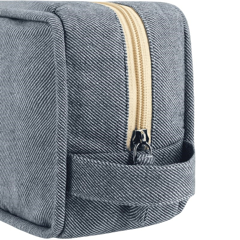 Monsieur Barbier Blue Denim Toiletry Bag - close up of product zipper and detail