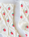 Tiepology Strawberry Diamond Shape Casual Socks - Cream Strawberry - close up of product material and design