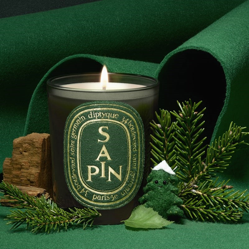 Diptyque Limited Edition Sapin Candle - product shown lit with pine needles, wood, and felt