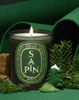 Diptyque Limited Edition Sapin Candle - product shown lit with pine needles, wood, and felt