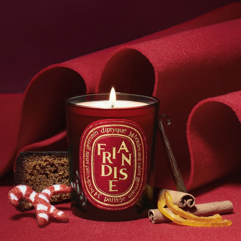 Diptyque Limited Edition Friandise Candle - lit product shown next toholiday treats and felt