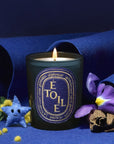 Diptyque Limited Edition Etoile Candle - lit product shown next to fragrance ingredients and felt