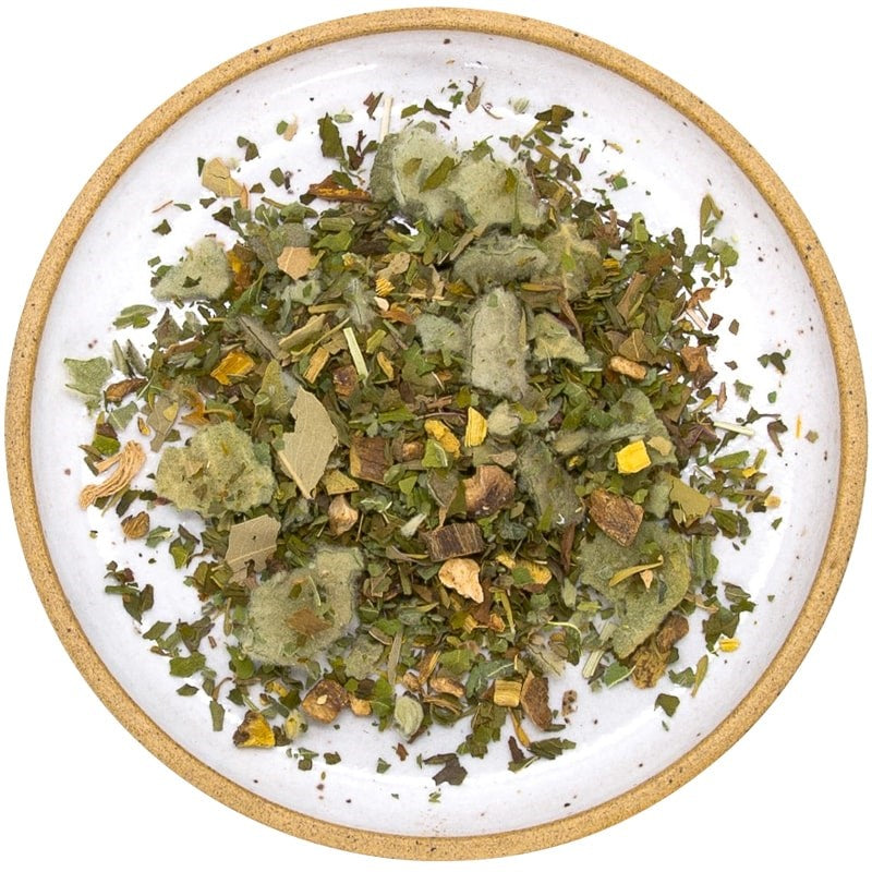 Wild & Tea Respiratory Support Herbal Tea - product ingredients shown on plate