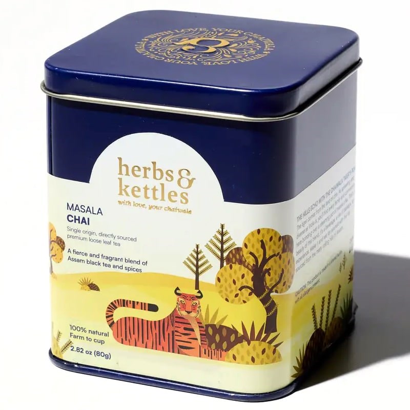 Herbs &amp; Kettles Masala Chai - angled view of product packaging 