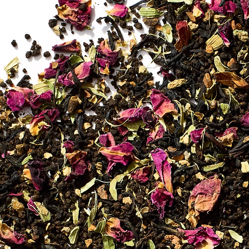 Herbs & Kettles Rose Cardamom Chai product showing ingredients