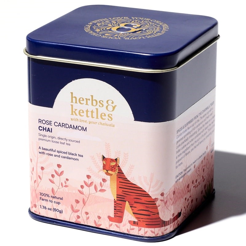 Herbs &amp; Kettles Rose Cardamom Chai - product packaging shown at angle