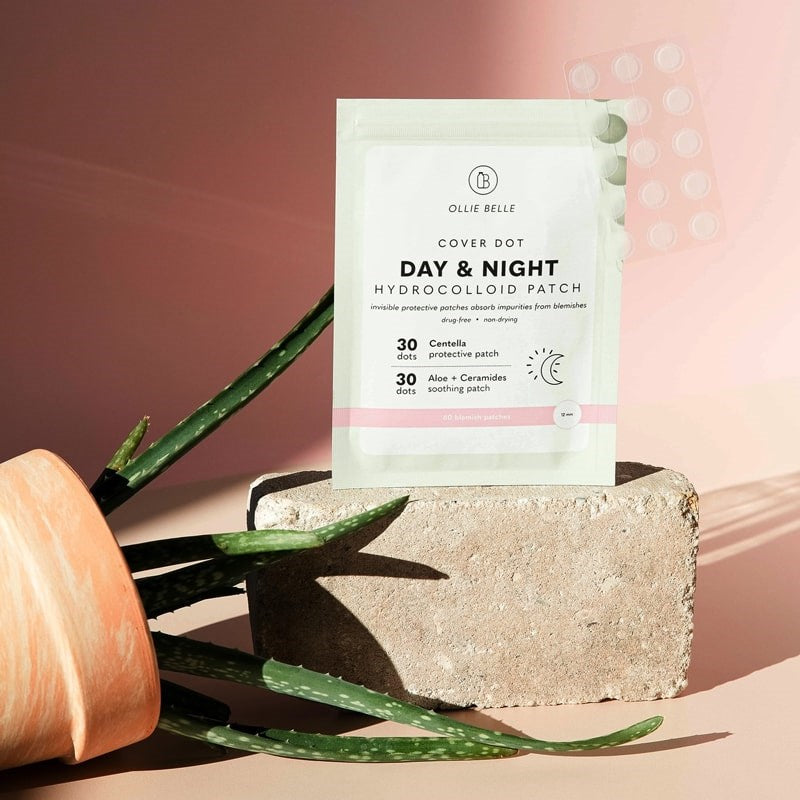 Lifestyle shot of SMARTMED Day & Night Hydrocolloid Patch Duo (60 patches) on cement brick with aloe vera plant on its side in the foreground