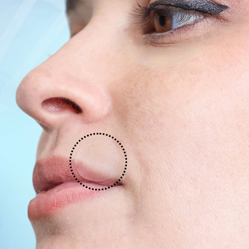 Close up of SMARTMED Smart Cold Sore Treatment Patch with Honey shown above lip on model