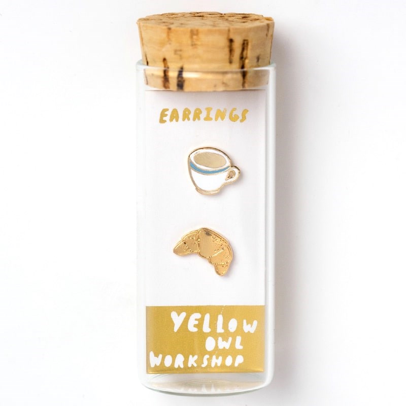 Yellow Owl Workshop Croissant & Coffee Earrings - products shown inside packaging