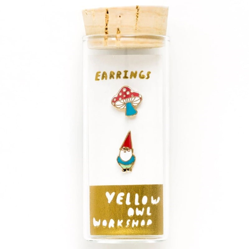 Yellow Owl Workshop Gnome & Mushroom Earrings - products shown inside packaging