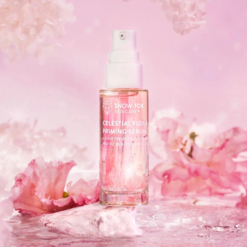 Snow Fox Skincare Celestial Flora Priming Serum - product shown surrounded by flowers