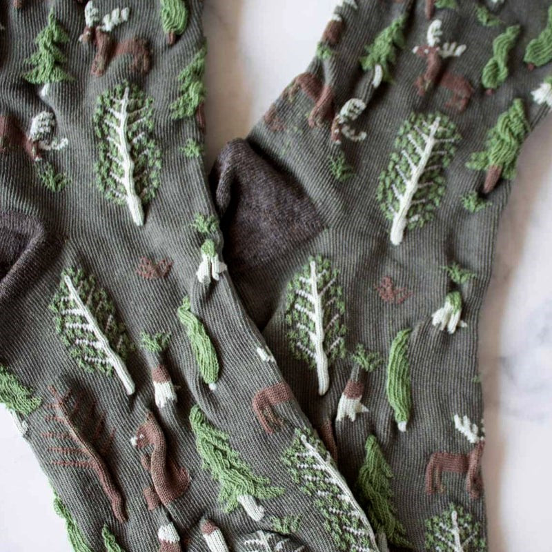 Tiepology Winter Forest Casual Socks - Brown & Sage - close up of product texture and pattern